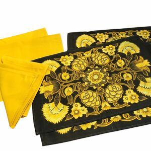 Vintage Retro MCM Irish Linen 4 Placemats & 4 Napkins Set Brown Yellow Floral